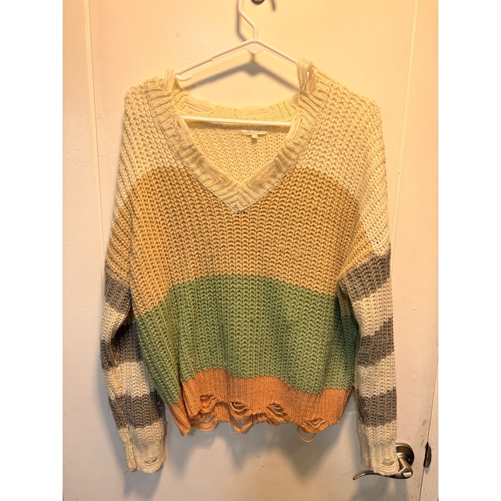 La Miel Colorblock Distressed Chunky Knit V-Neck Sweater Boho Multi-Color S/M
